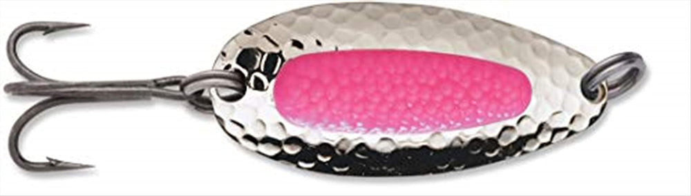 Blue Fox Pixiee Spoon with nickel finish and fluorescent red insert for deep-water salmon and steelhead