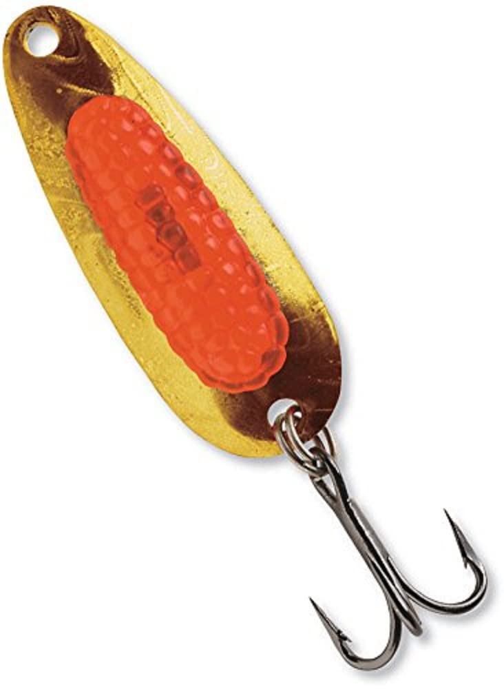 Blue Fox Rattlin' Pixee Spoon with holographic gold/orange insert attracts steelhead and trout.