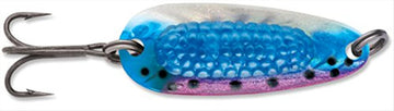 Blue Fox Rattlin' Pixee Spoon with holographic rainbow-blue finish attracts trout and steelhead.