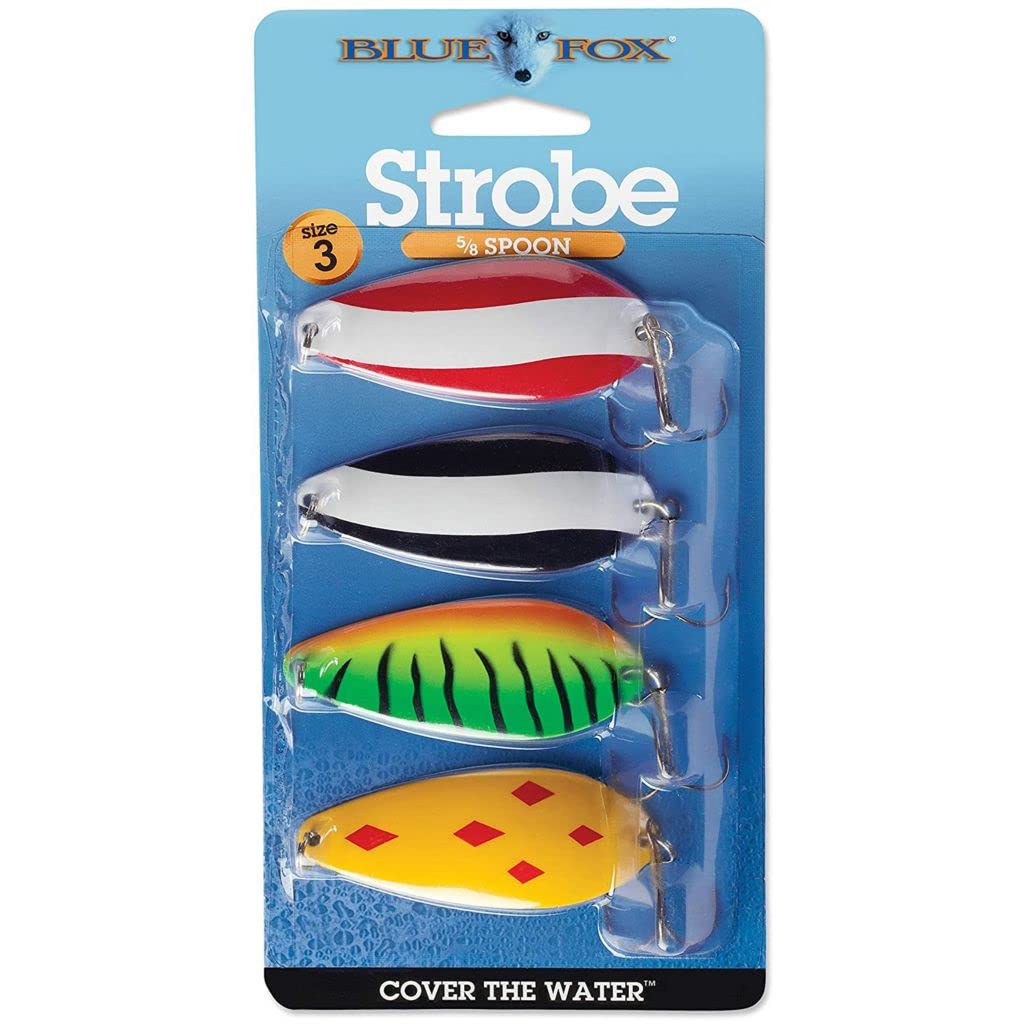 Blue Fox Strobe Spoon Kit lure detail highlights bright finish for elevated water flashes.