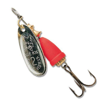 Blue Fox Super Vibrax Classic Spinner 1/8 oz in silver-red enhances casting distance and lure visibility.