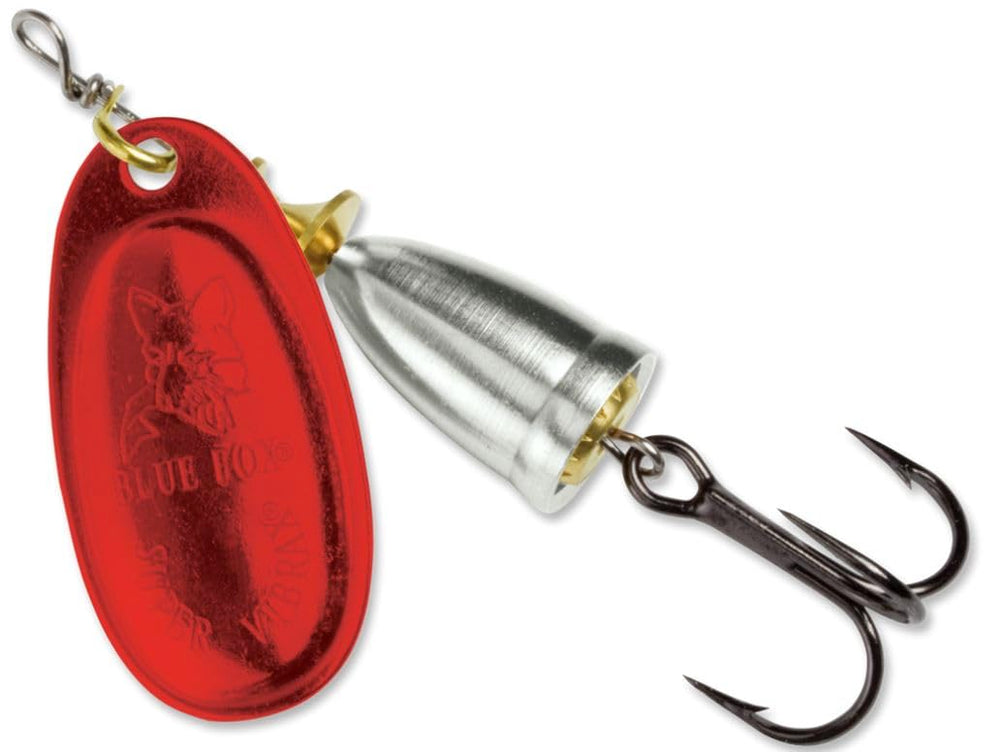 Blue Fox Super Vibrax Classic spinner with bleeding-silver body showing lifelike movement for mid-depth fishing