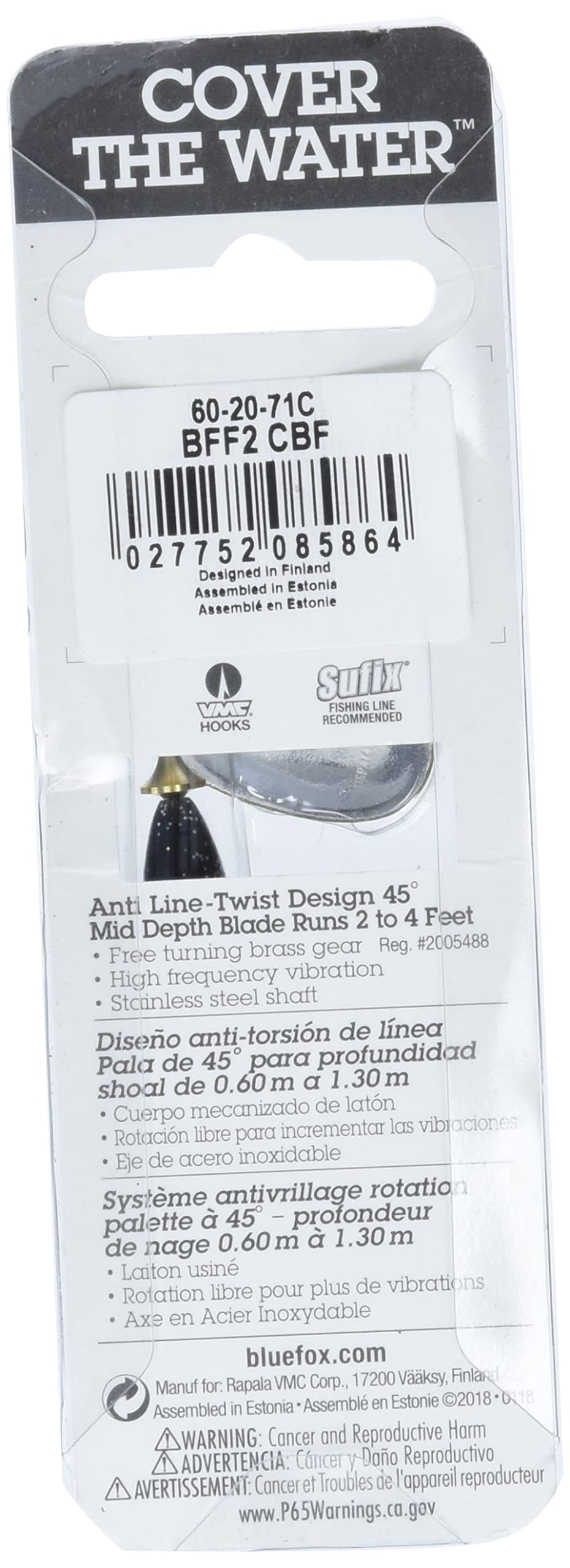 Blue Fox Vibrax 60-20-71C UV-bright painted finish boosts underwater visibility.