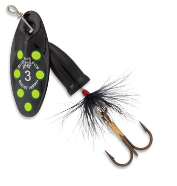 Blue Fox Vibrax Bullet Fly inline blade in action for deeper water vibration and attraction.