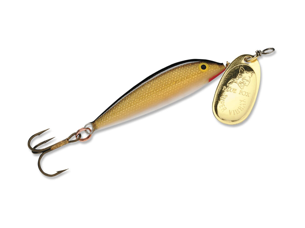 Blue Fox Vibrax Minnow Spin 1/4 Gold/Plated Gold lure with flashing finish for bites