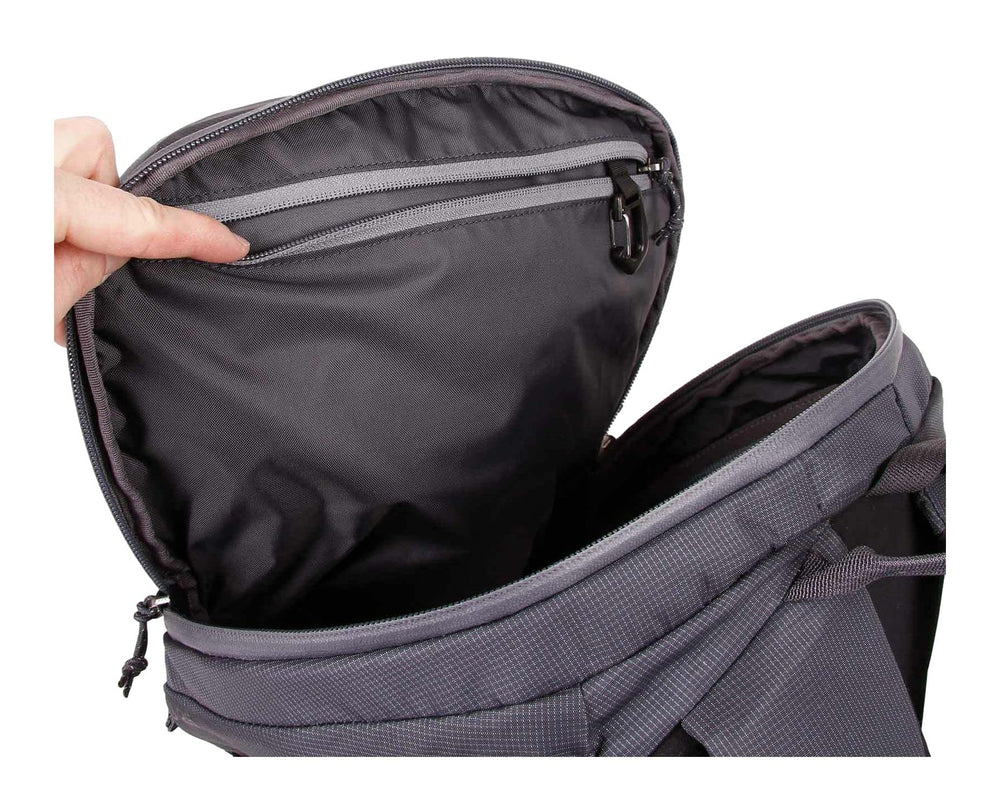Blue Ice Chiru 25L pack helmet carrier included for helmeted climbs.