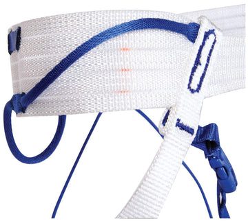 Blue Ice Choucas Harness in use during ice climb with accessible gear loops.