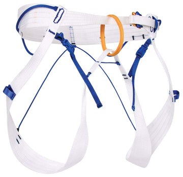 Blue Ice Choucas Harness White Large front view highlighting ultralight design for alpine climbs.