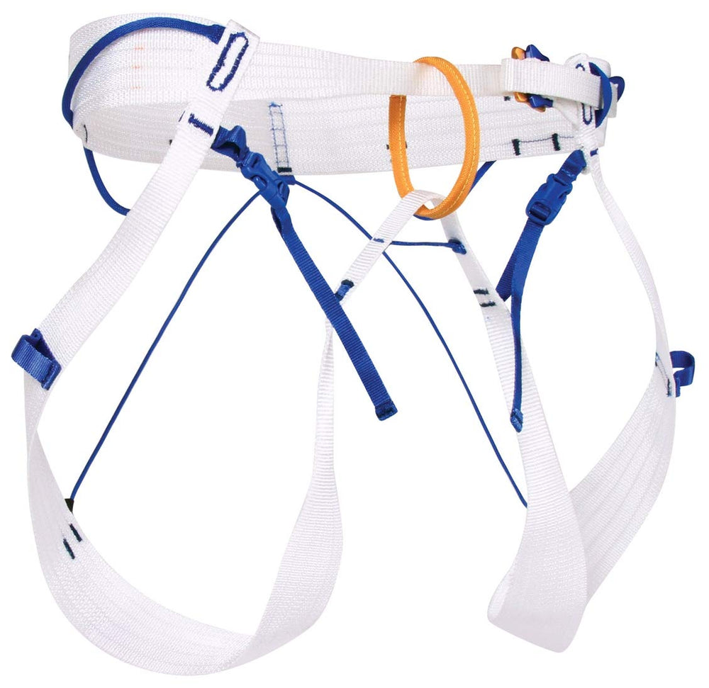 Blue Ice Choucas Harness White Large front view highlighting ultralight design for alpine climbs.
