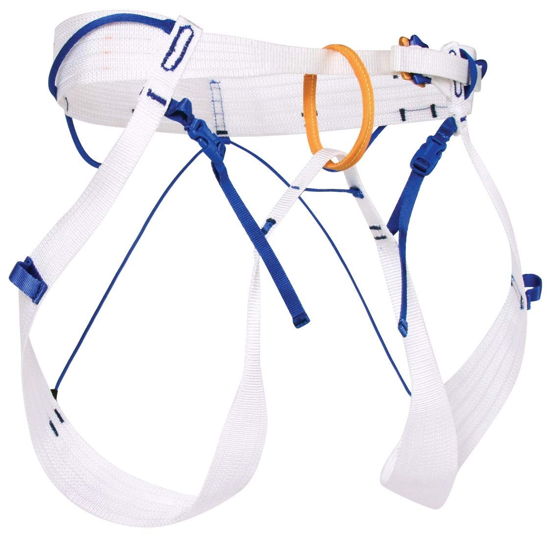 Blue Ice Choucas Harness White Large front view highlighting ultralight design for alpine climbs.