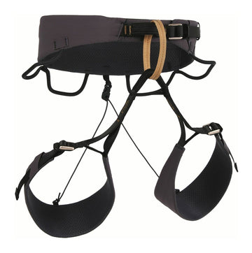 Blue Ice Cuesta harness front view shows slim laminated waist belt for movement