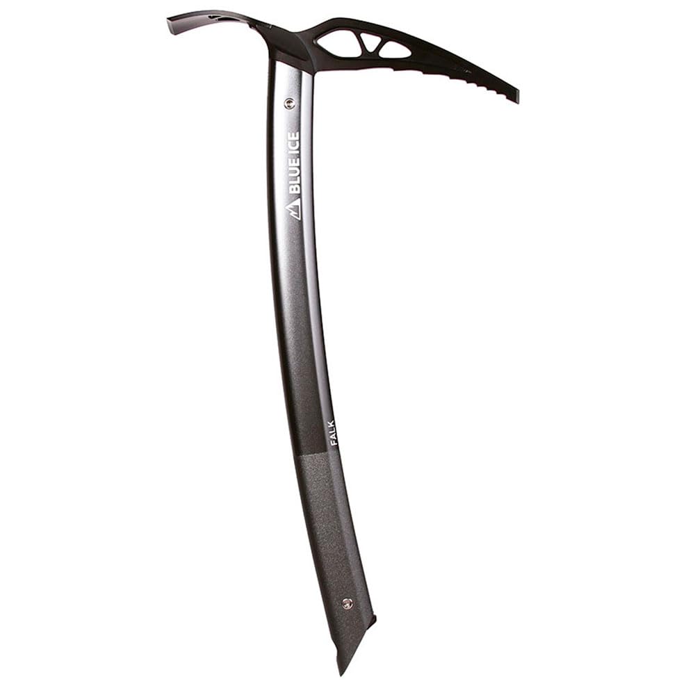 Blue Ice Falk ice axe head detail showing chromoly steel for dependable ice contact
