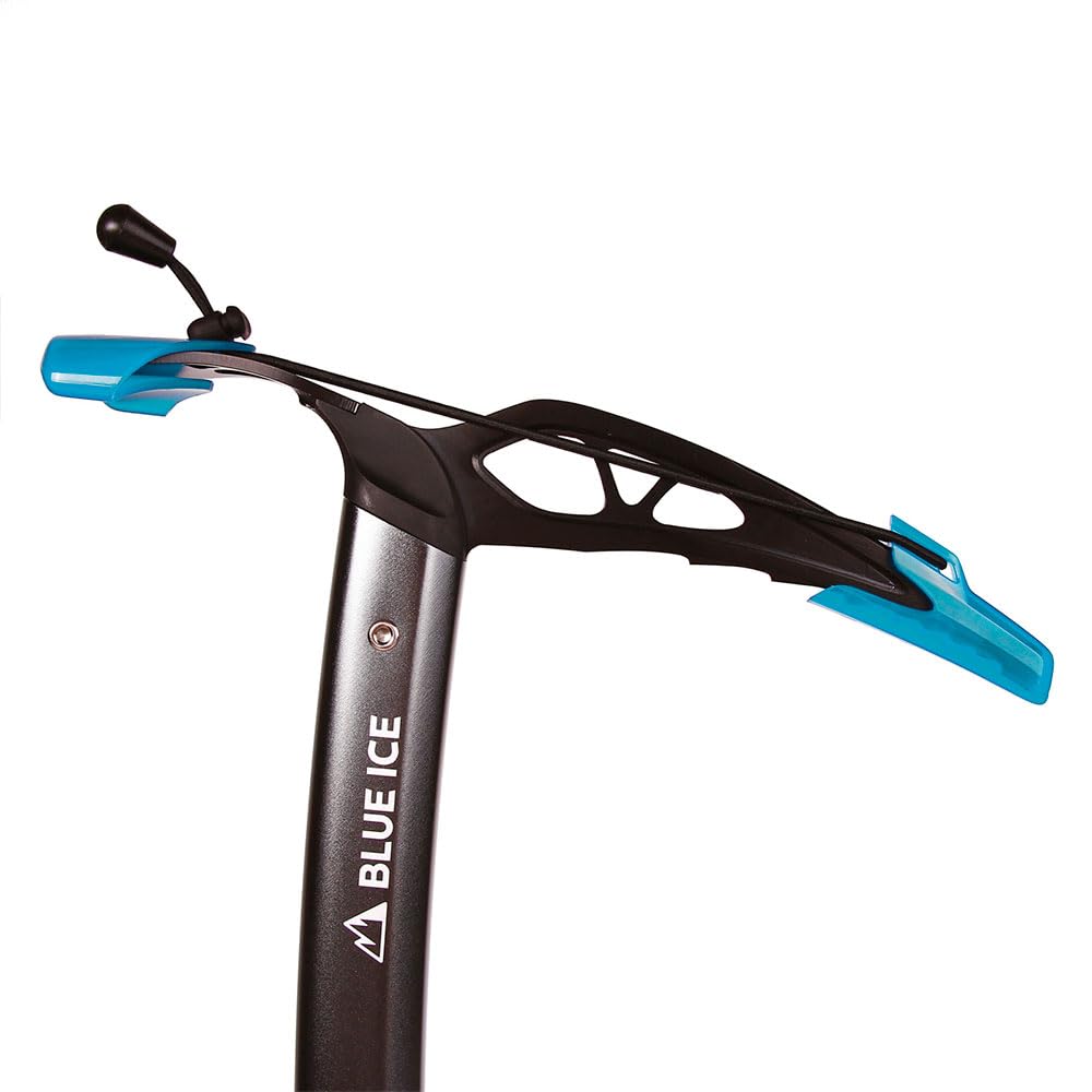 Blue Ice Falk ice axe steel-grey shaft showing lightweight handling