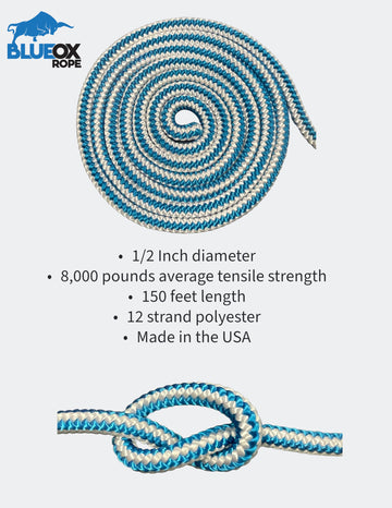 Close-up of Blue Ox Rope half-inch arborist rope highlighting durable polyester texture and resilience