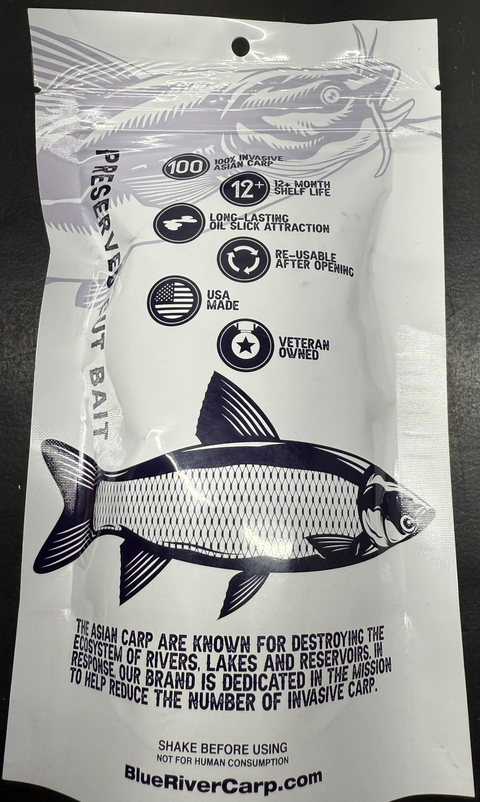 Blue River Carp blood scented cut bait closeup emphasizing durability and shelf-stable design.