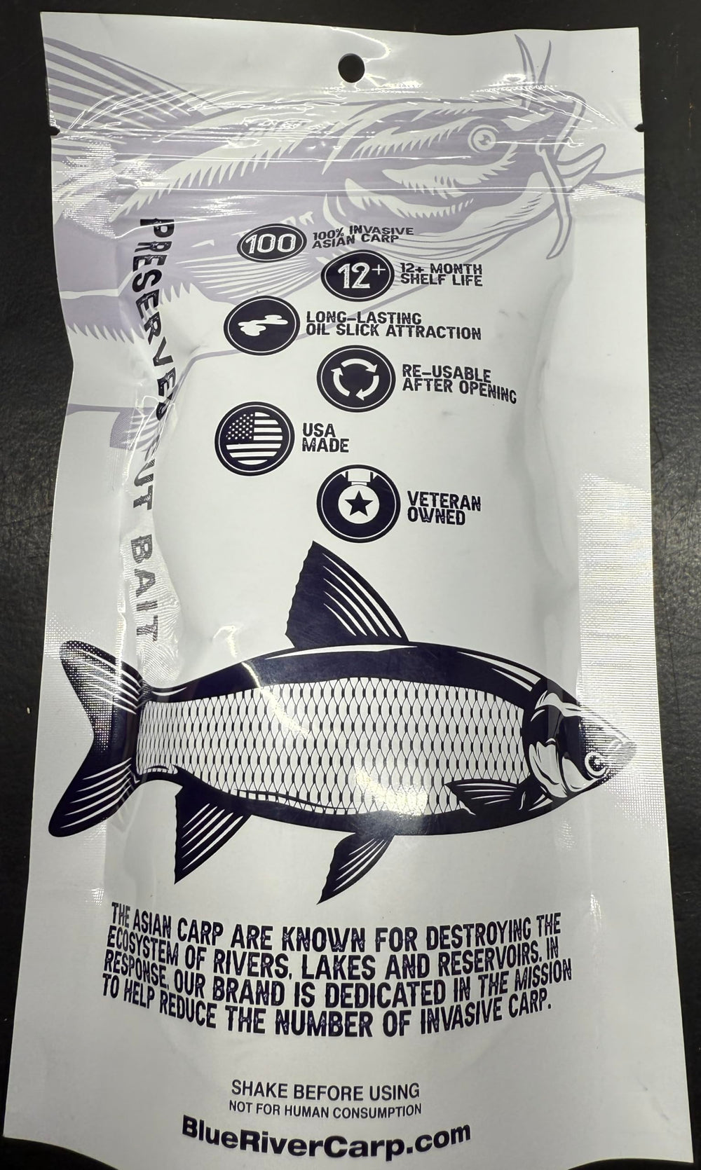 Blue River Carp blood scented cut bait closeup emphasizing durability and shelf-stable design.
