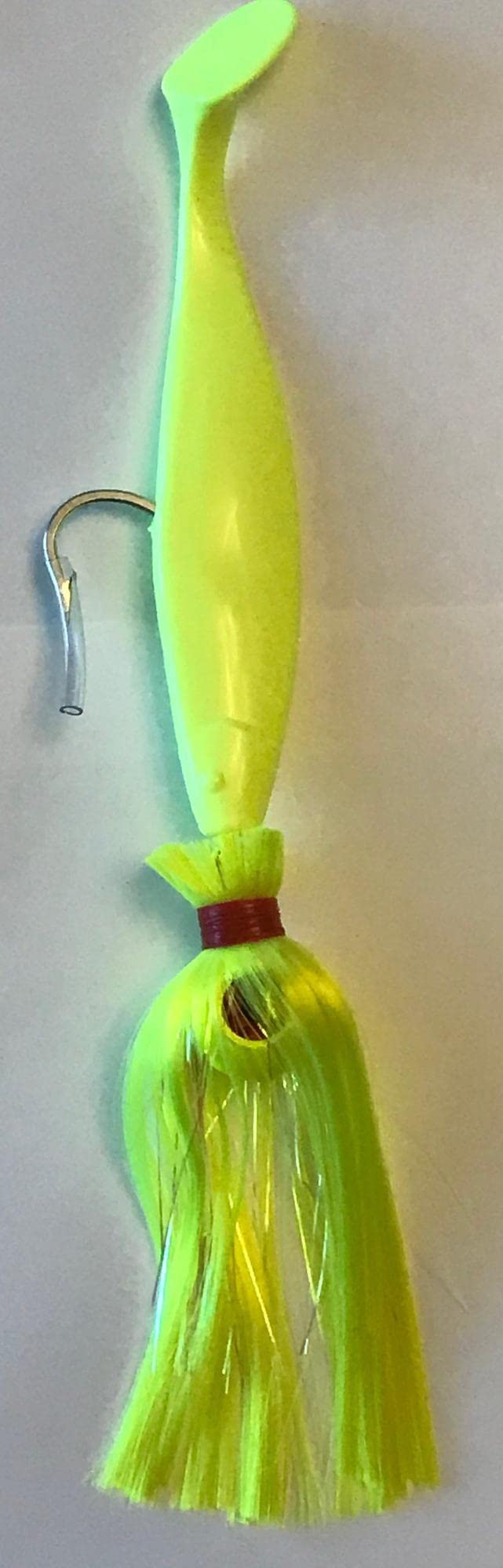 Blue Water Candy Mojo Lure loaded with 9-Inch Shad Chartreuse for Striped Bass Trolling