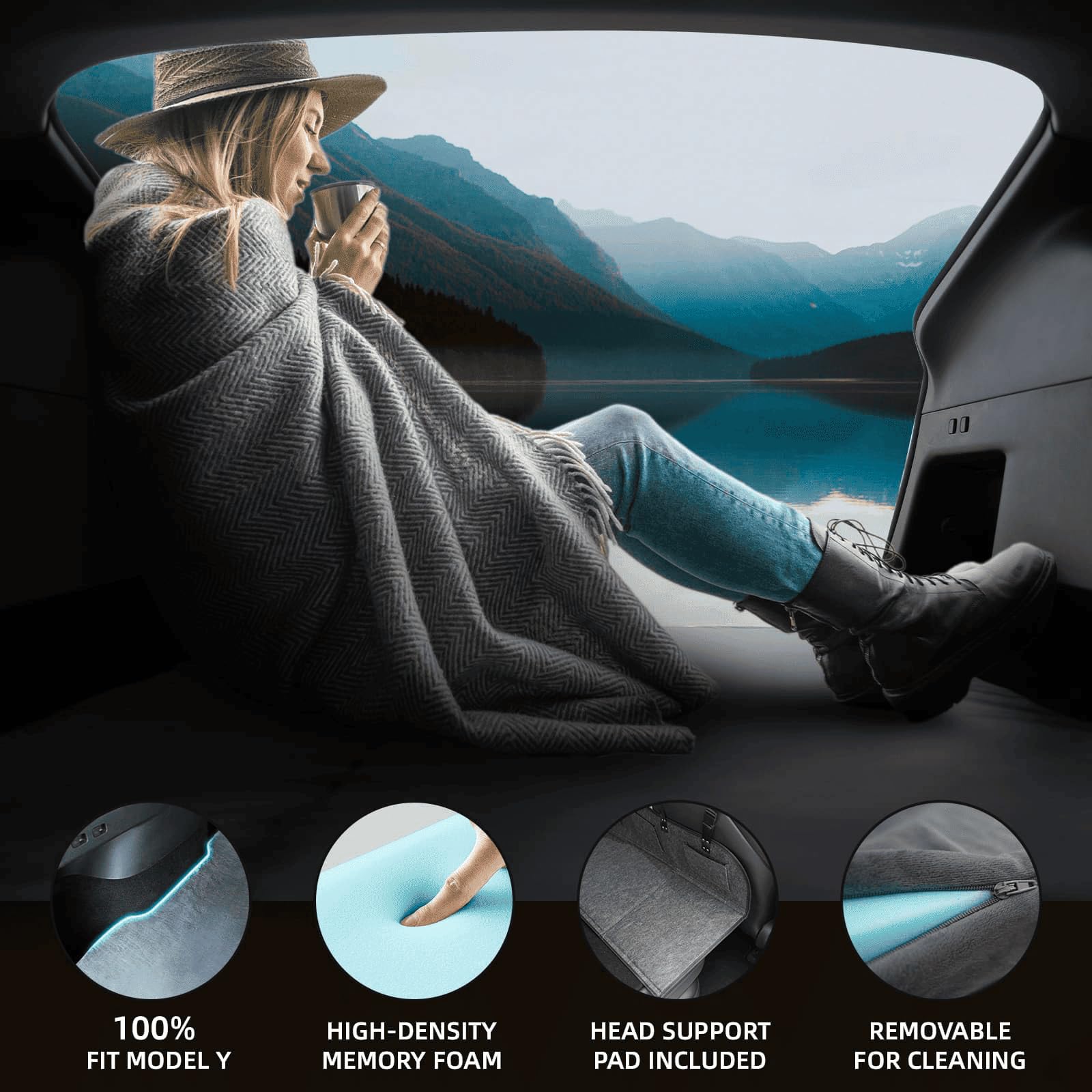 Blue Wharf Tesla Model Y camping mattress shows 3-inch memory foam for plush support
