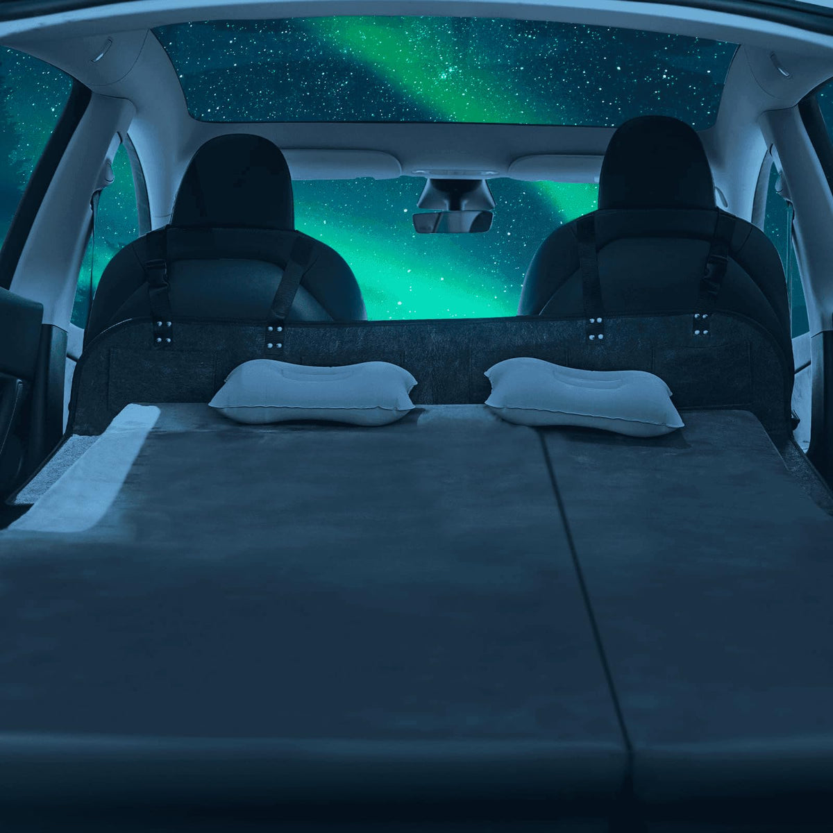 Blue Wharf Tesla Model Y camping mattress top view highlighting precise fit and comfort
