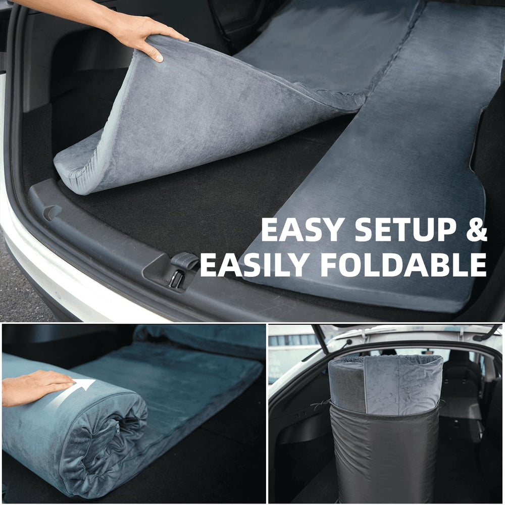 Blue Wharf Tesla Model Y camping mattress unfolded for easy car bed conversion