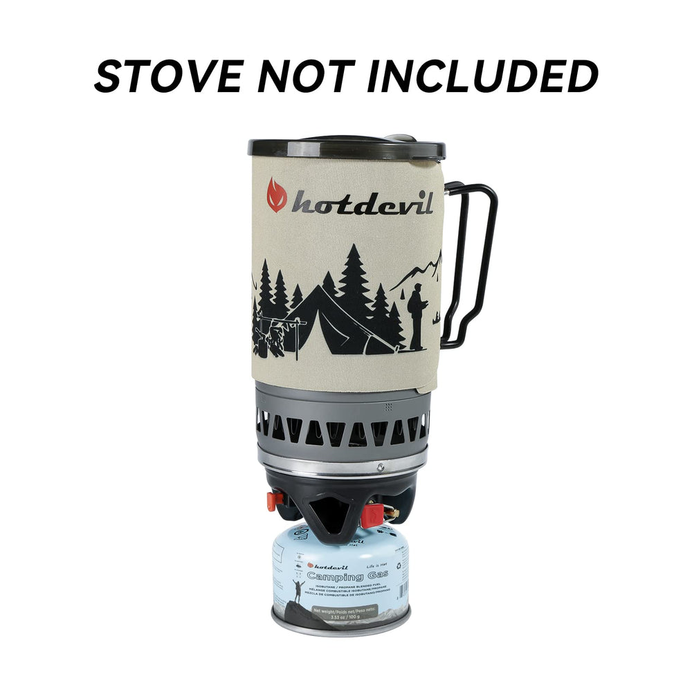 BlueFire screw-on fitting; universal compatibility with isobutane stoves.