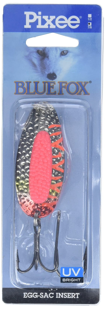 Blue Fox Pixee Spoon with ultra-sharp trailing treble hook for hookups.
