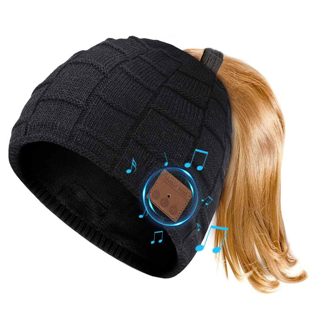 Front view of Bluetooth Beanie for Women with Ponytail Hole in black