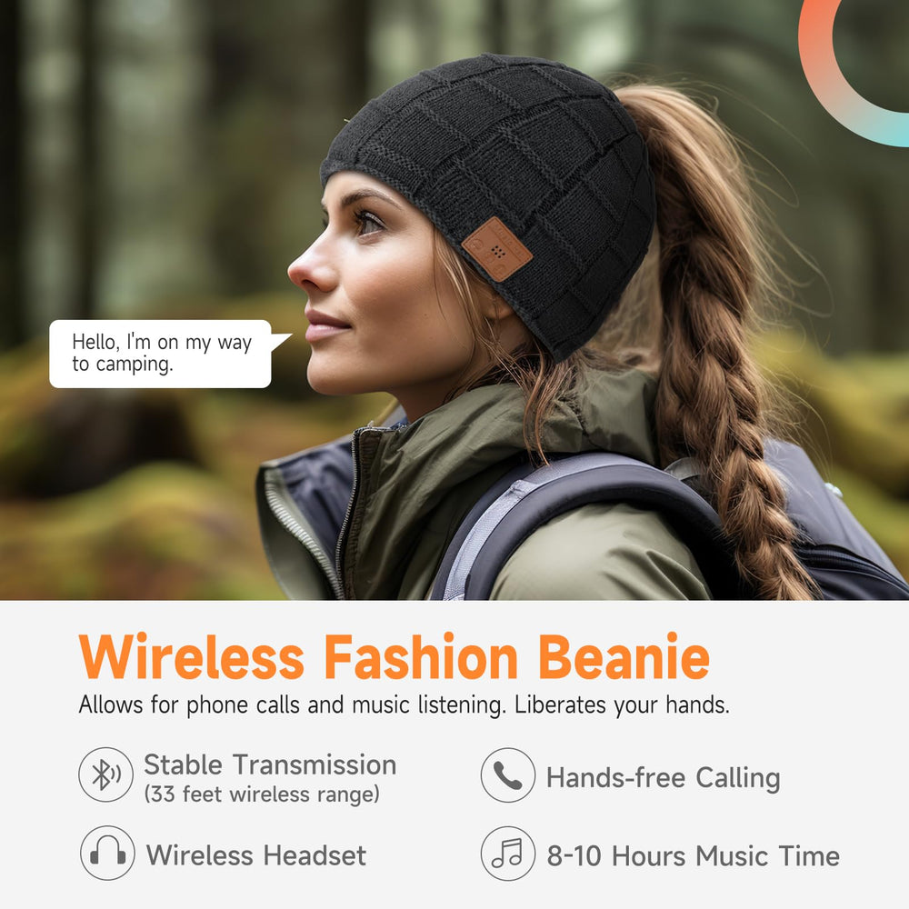 Side view of wireless knit beanie with built-in microphone