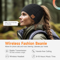 Side view of wireless knit beanie with built-in microphone