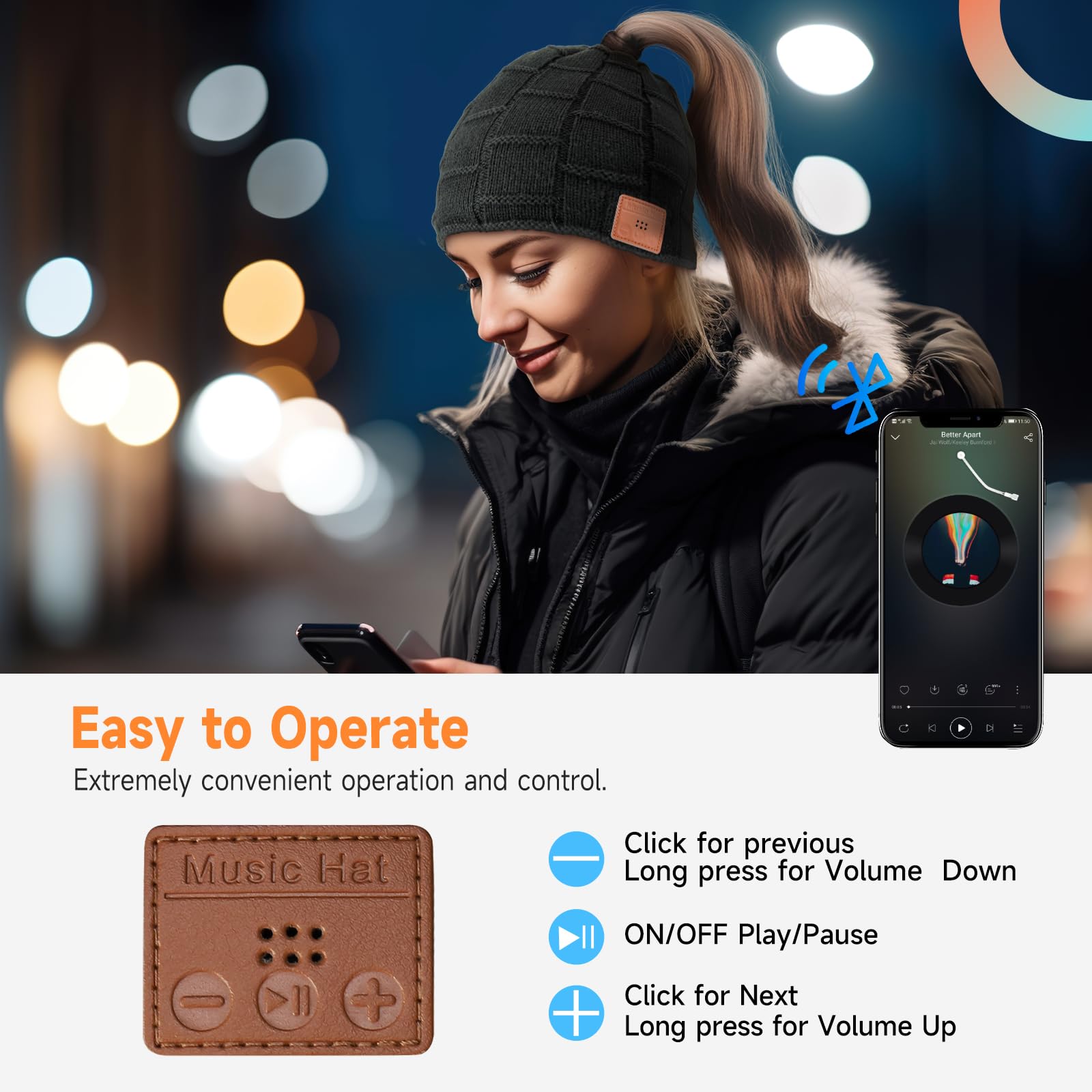Model wearing Bluetooth Beanie in black during winter