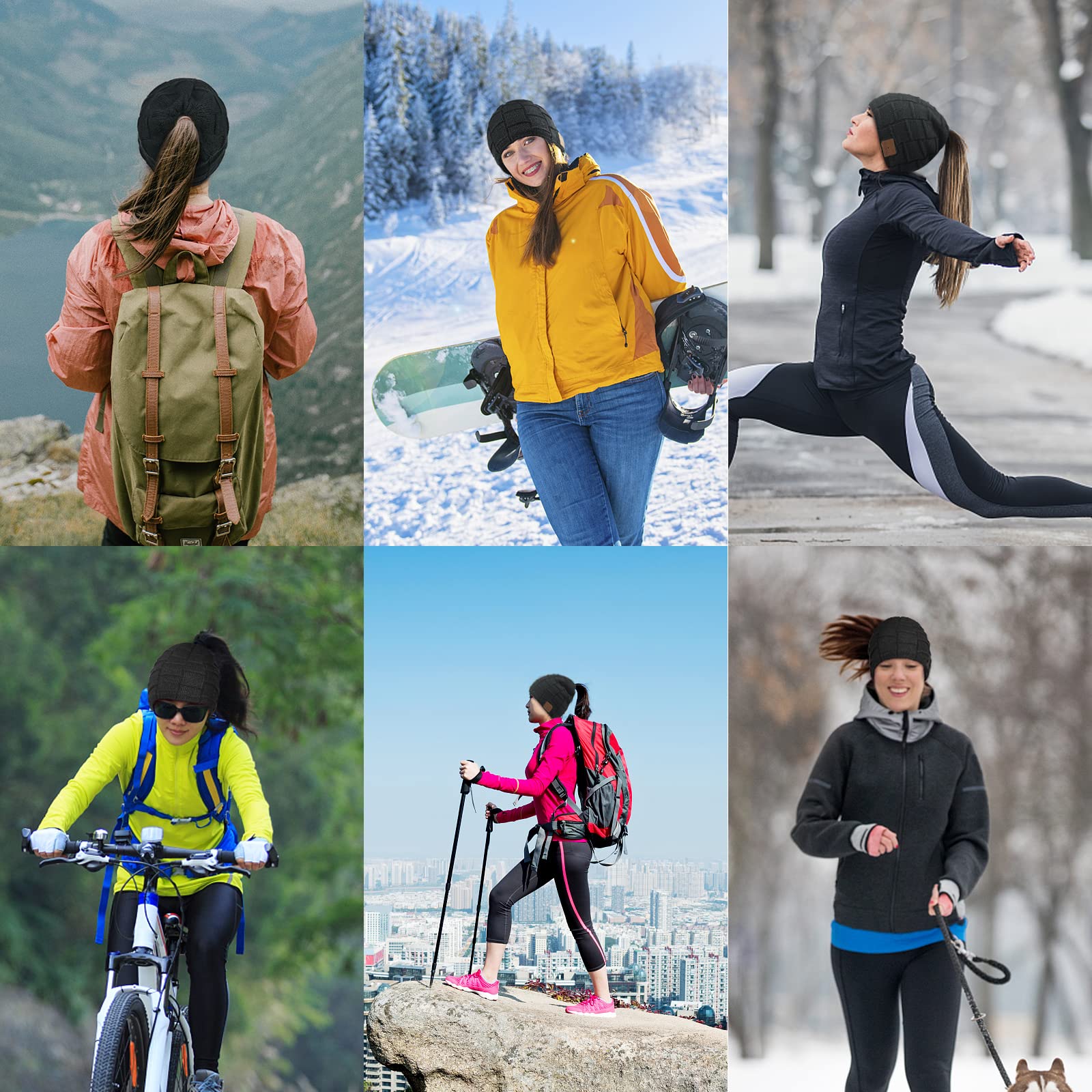 Ponytail hole feature on winter beanie with Bluetooth