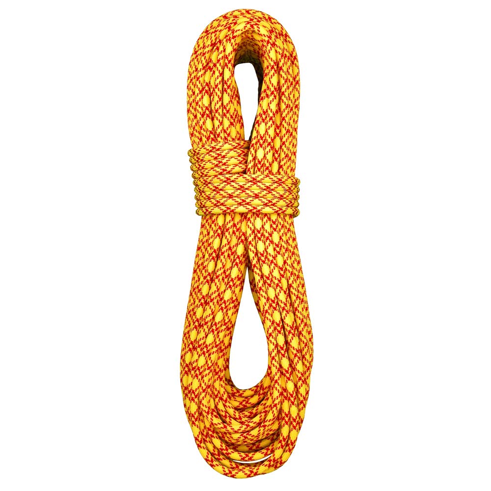 BlueWater Ropes Ice Floss dual-dry twin rope, yellow, 60m, ideal for alpine climbs and ice routes.