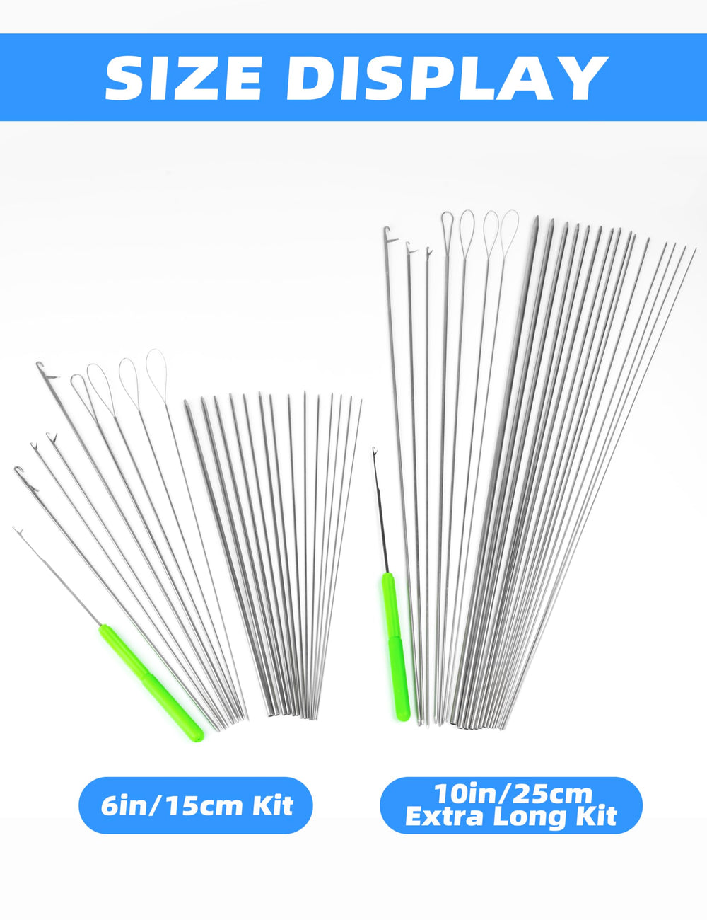 BLUEWING 10in extra-long needles extend reach for tricky rigs.