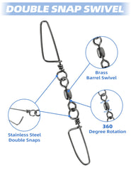 Close-up of stainless steel double snaps and brass swivel on BLUEWING swivels