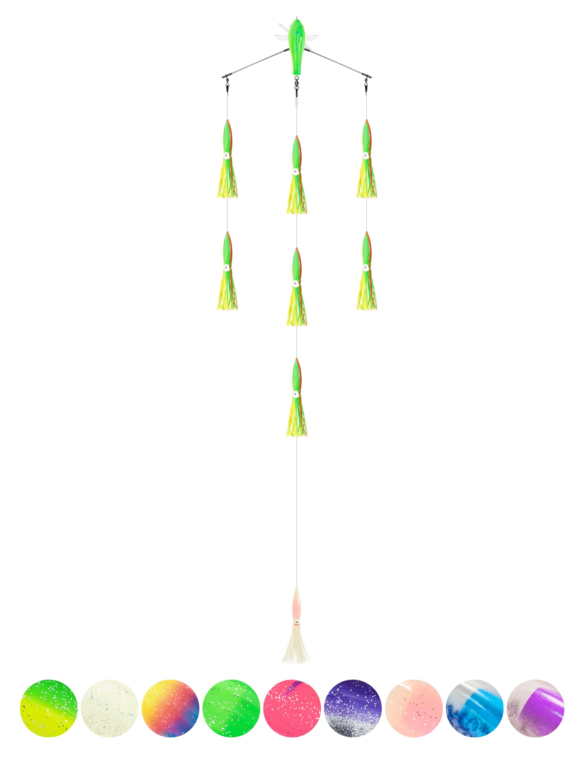 BLUEWING 18in upgraded spreader bar with port walker and 6in bulb squid for wide lure spread.