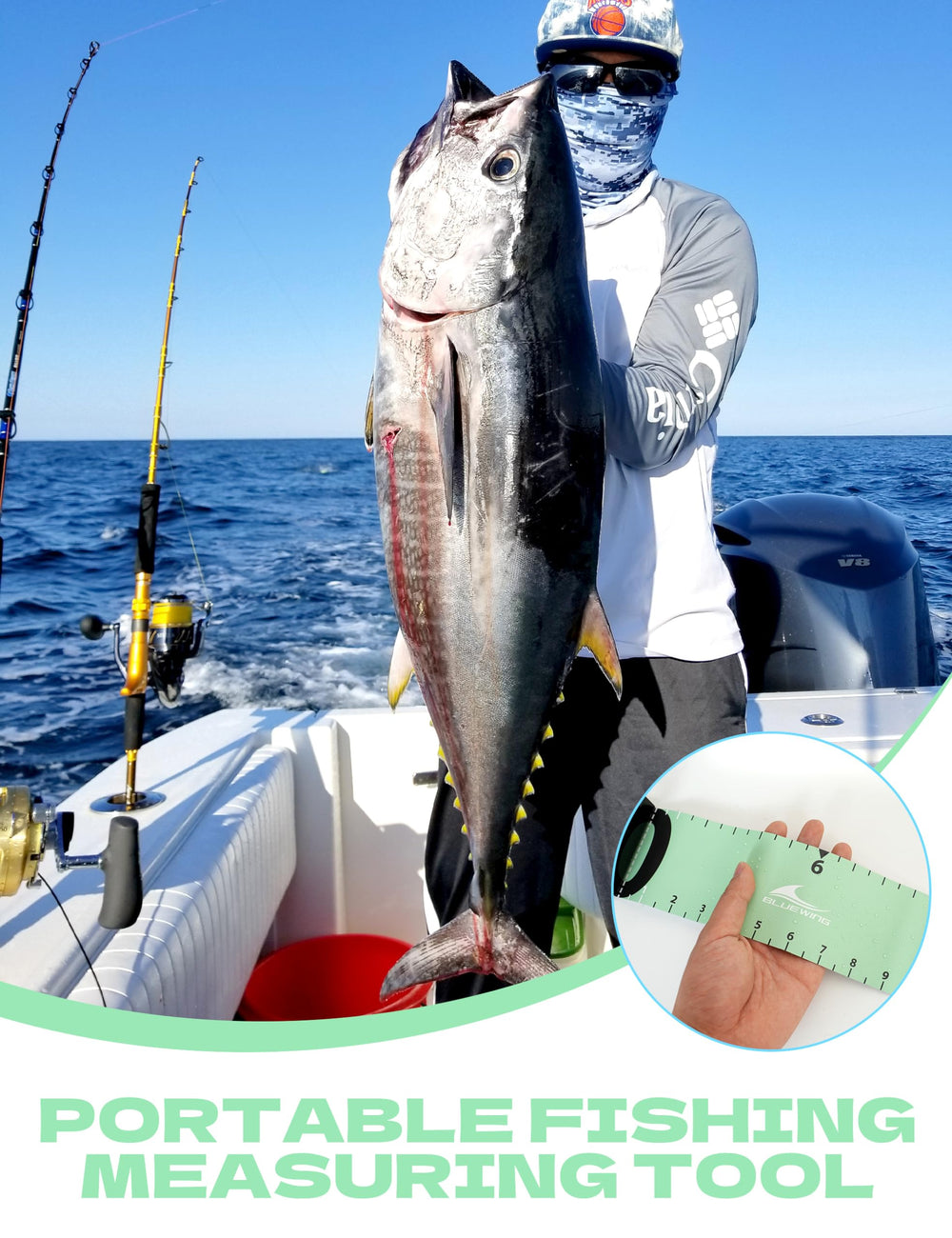 Green BlueWing ruler shown with carry strap and compact design