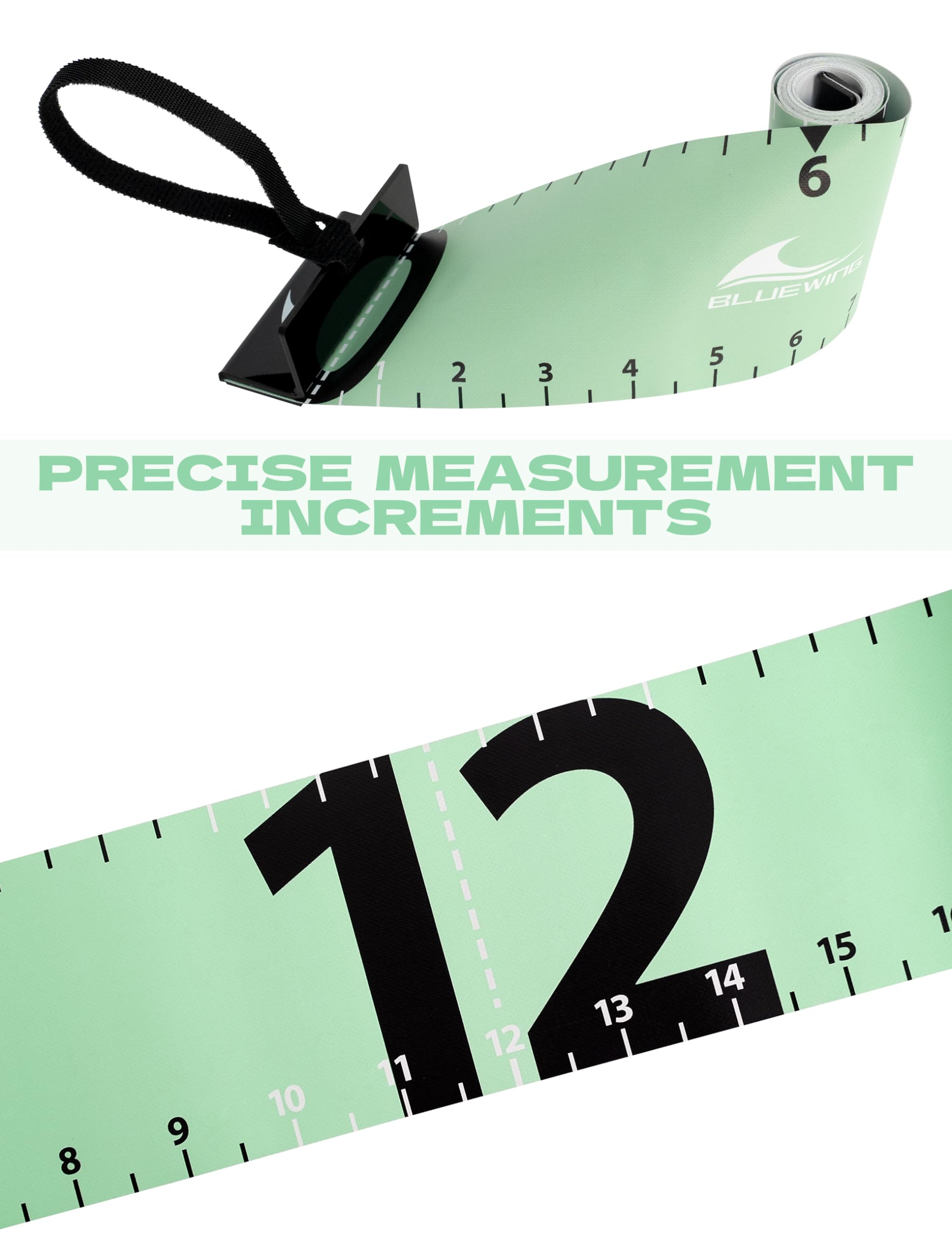 BlueWing 60-inch fishing ruler rolled out for use on green background