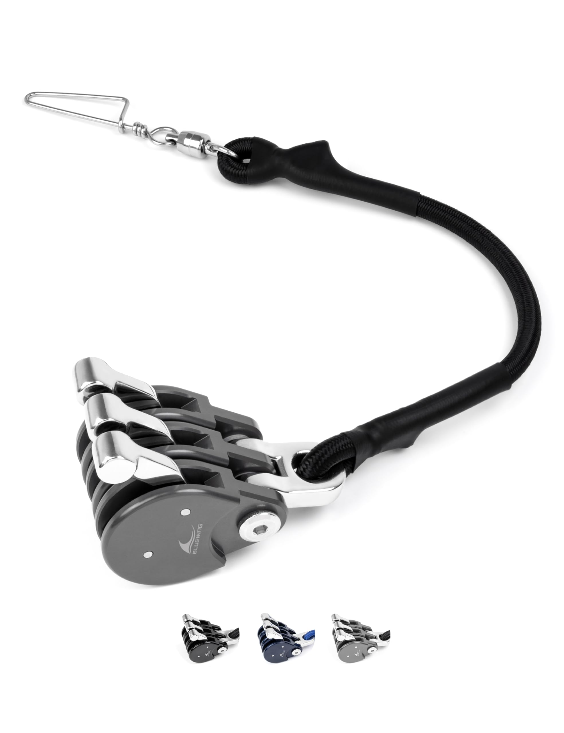 BLUEWING Blue Water Outrigger Line Lock Pro front view highlights hard-anodized body for saltwater durability