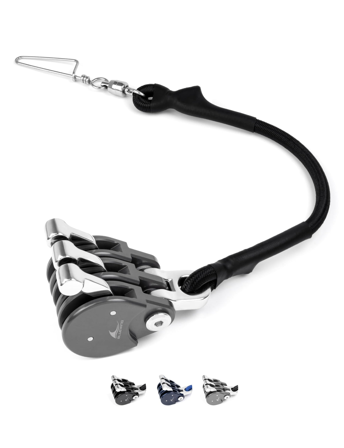 BLUEWING Blue Water Outrigger Line Lock Pro front view highlights hard-anodized body for saltwater durability