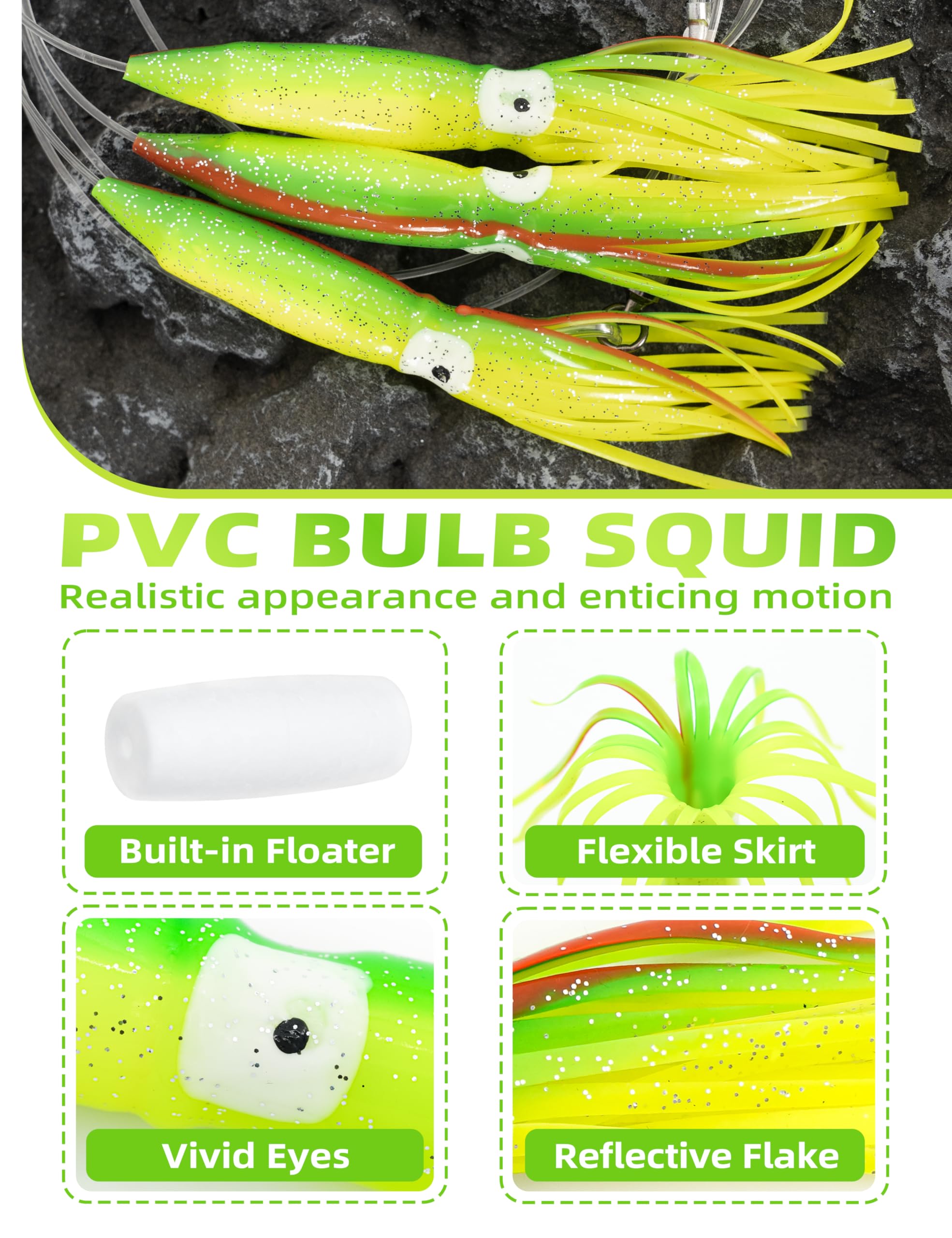 BLUEWING bulb squids with floats increase buoyancy and visibility.