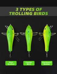 BLUEWING center, port, and starboard trolling birds track straight for diverse lure presentation.