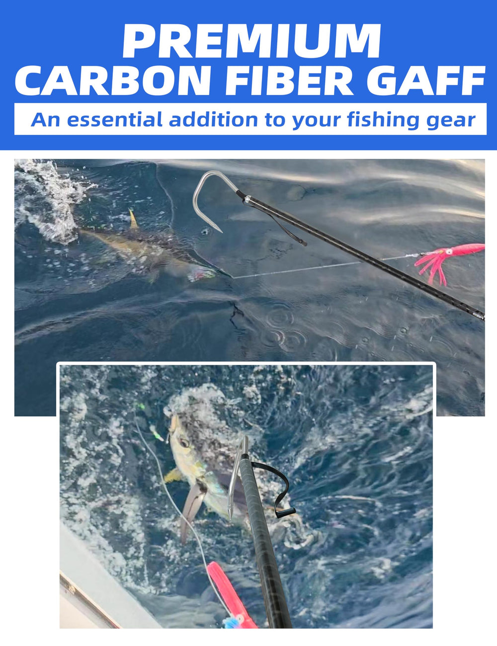Bluewing in-use shot landing a tuna showcasing practical leverage