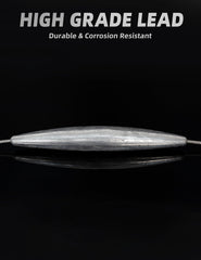 BLUEWING inline-trolling-weights-3lb-profile demonstrates a small profile design for reduced drag.