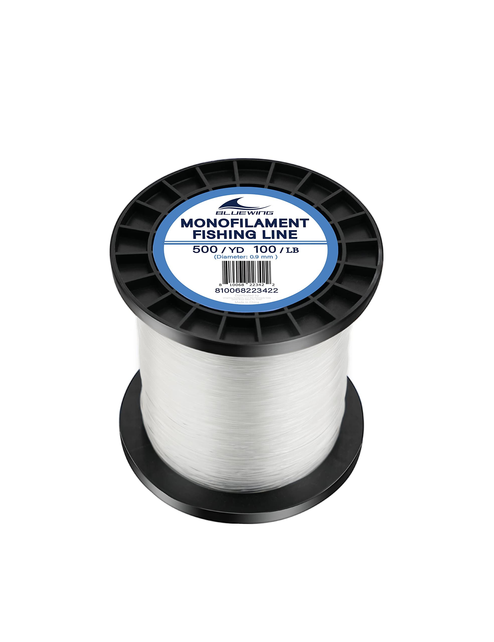 BlueWing monofilament line, clear 0.9mm, 500-yard spool supports strong casts.