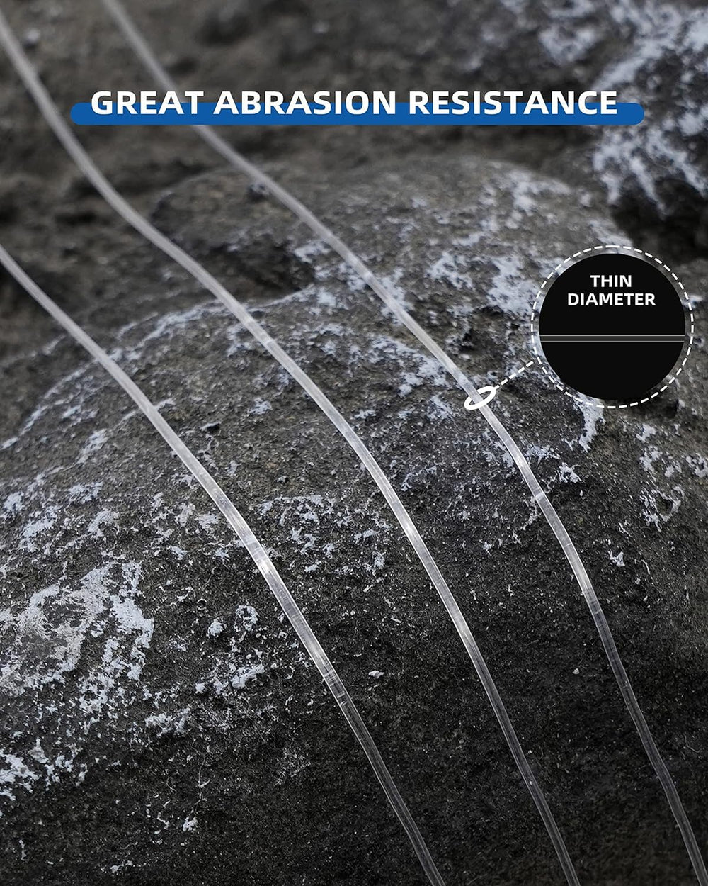 BLUEWING monofilament line close-up reveals nearly invisible underwater appearance for stealthy presentations.