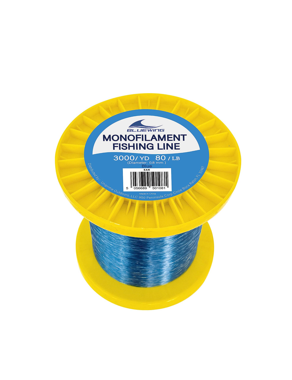 BLUEWING monofilament line packaging showing 80lb strength and 3000 yards