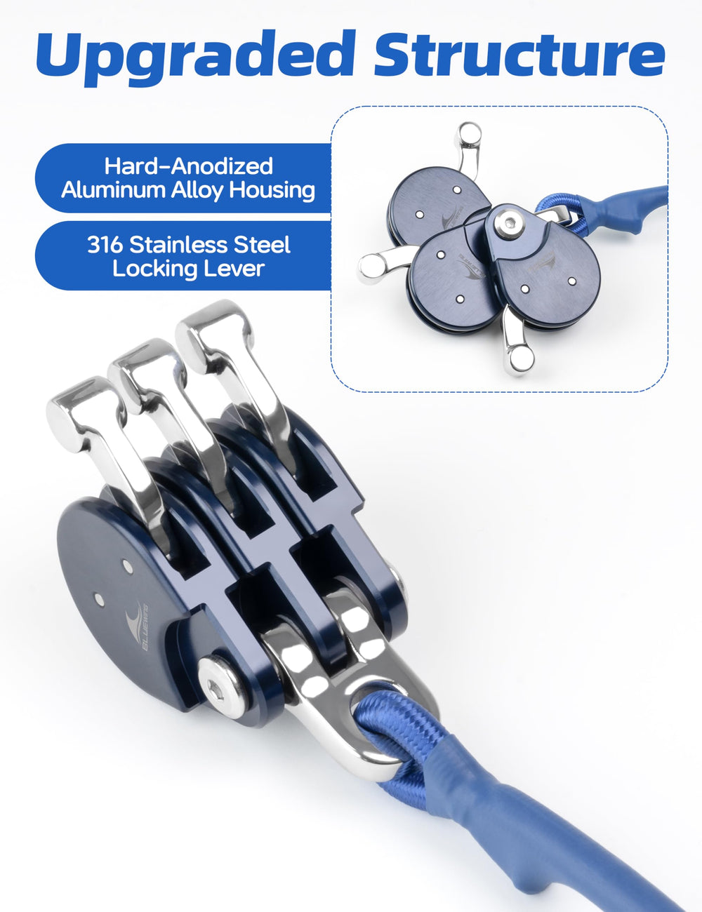 BlueWing outrigger halyard lock pulley side view highlighting smooth rotation.