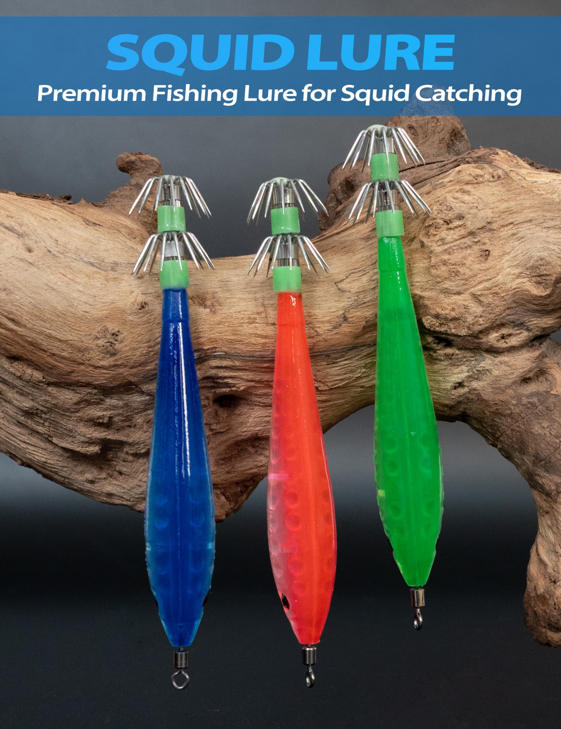 BlueWing logo beside product image of red/red squid jig