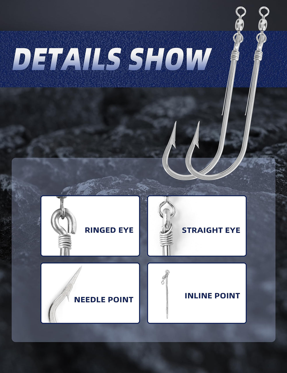 Close-up of ultra-sharp Bonita hook point on strip trolling hook