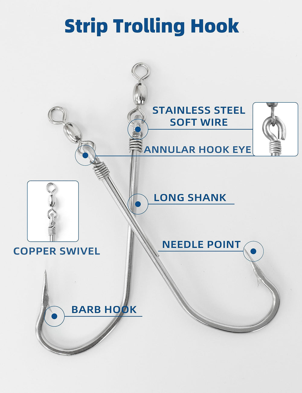 Copper swivel attached to strip trolling hook for tangle-free performance